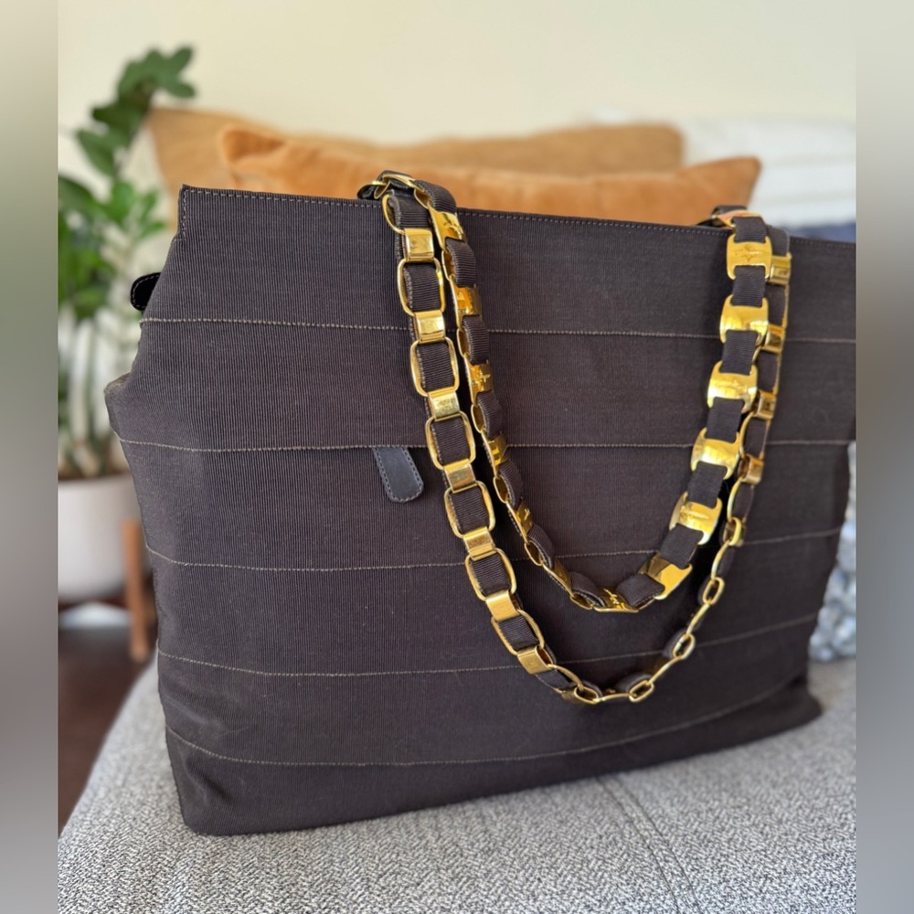 Salvatore Ferragamo Vintage Brown Tote with Gold Chain-Link Straps - Picture 13 of 16